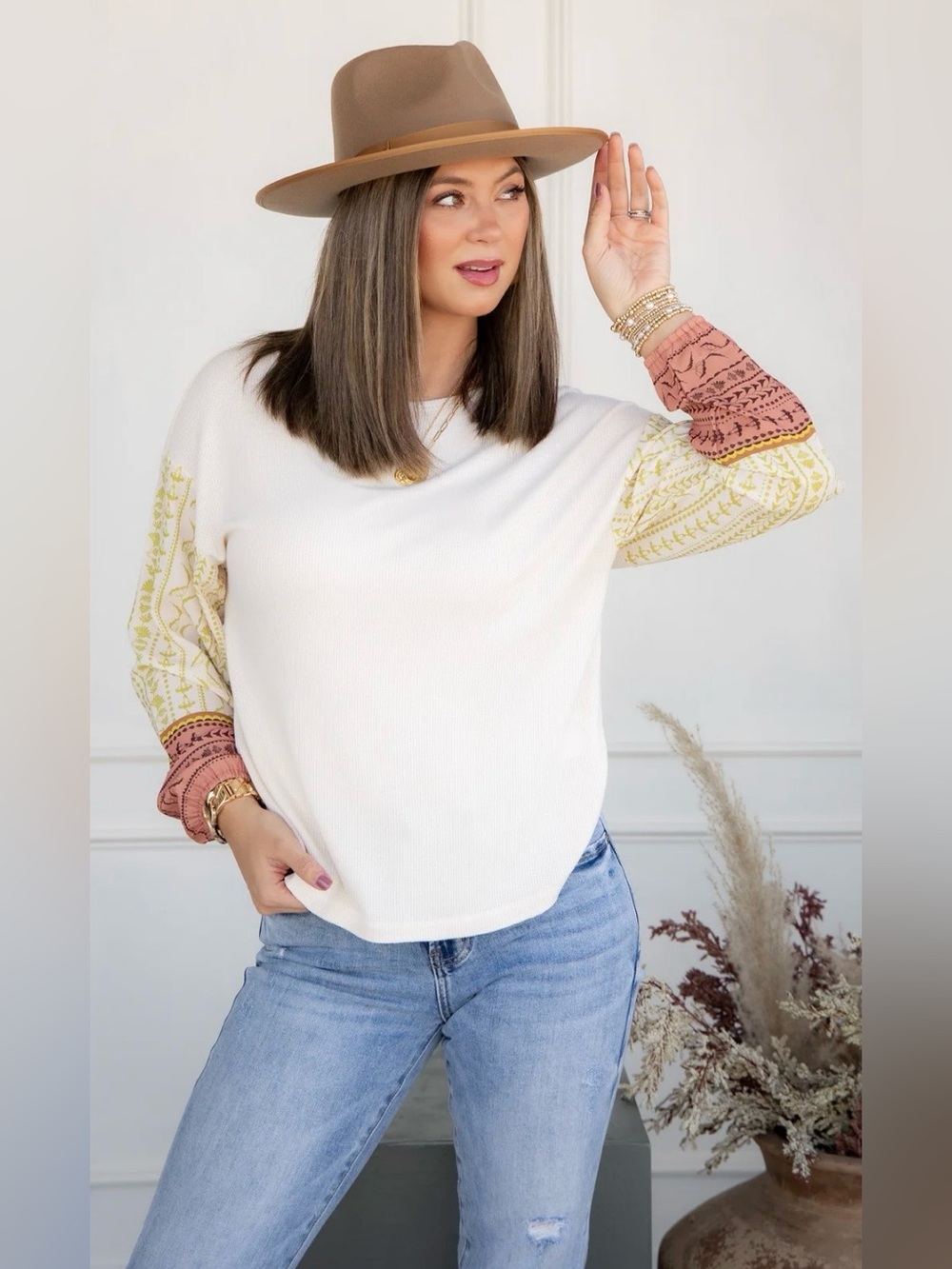 Tribal Jeans Top with Patterned Sleeves